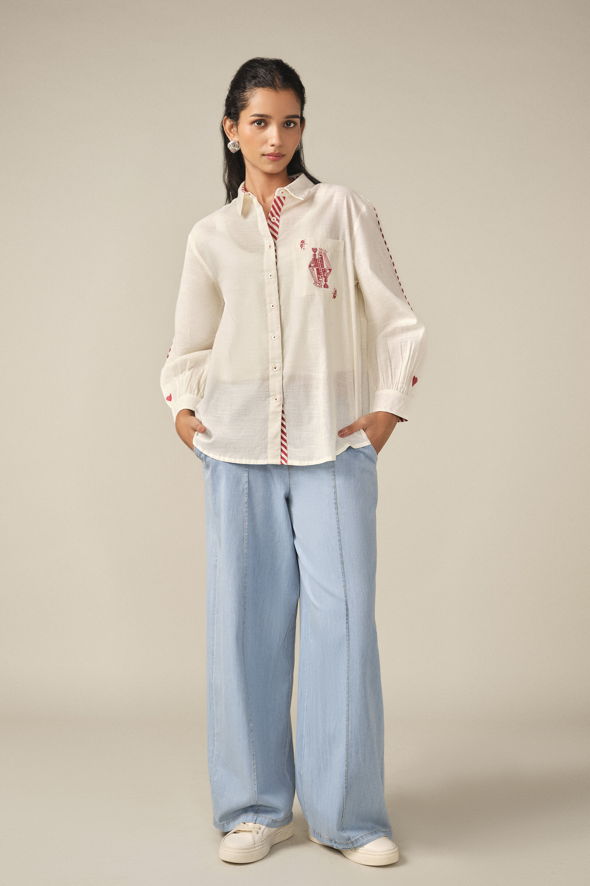 Embroidered Playing Card Cotton Shirt in Off White, Off White, image 4